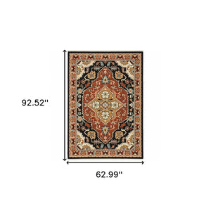 HomeRoots 2' Elegant Black and Orange Oriental Power Loom Runner Rug – Stain Resistant with Fringed Edges 5' X 8' 509229