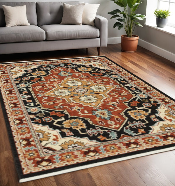 HomeRoots 2' Elegant Black and Orange Oriental Power Loom Runner Rug – Stain Resistant with Fringed Edges 5' X 8' 509229