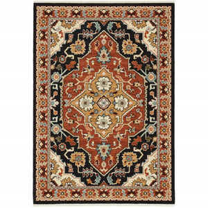 HomeRoots 2' Elegant Black and Orange Oriental Power Loom Runner Rug – Stain Resistant with Fringed Edges 7' X 10' 509230