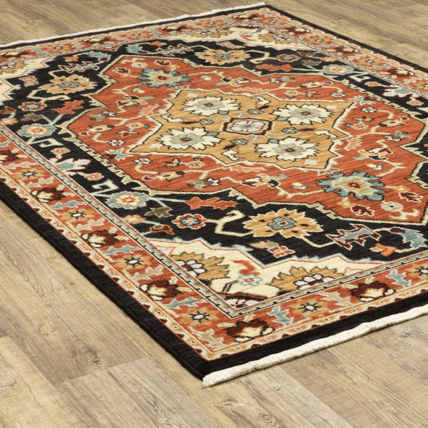 HomeRoots 2' Elegant Black and Orange Oriental Power Loom Runner Rug – Stain Resistant with Fringed Edges 7' X 10' 509230