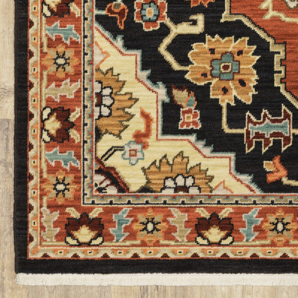 HomeRoots 2' Elegant Black and Orange Oriental Power Loom Runner Rug – Stain Resistant with Fringed Edges 7' X 10' 509230
