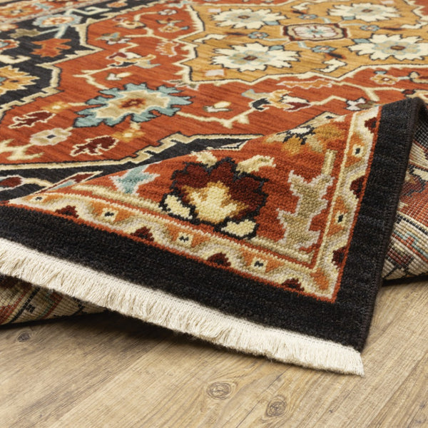 HomeRoots 2' Elegant Black and Orange Oriental Power Loom Runner Rug – Stain Resistant with Fringed Edges 7' X 10' 509230