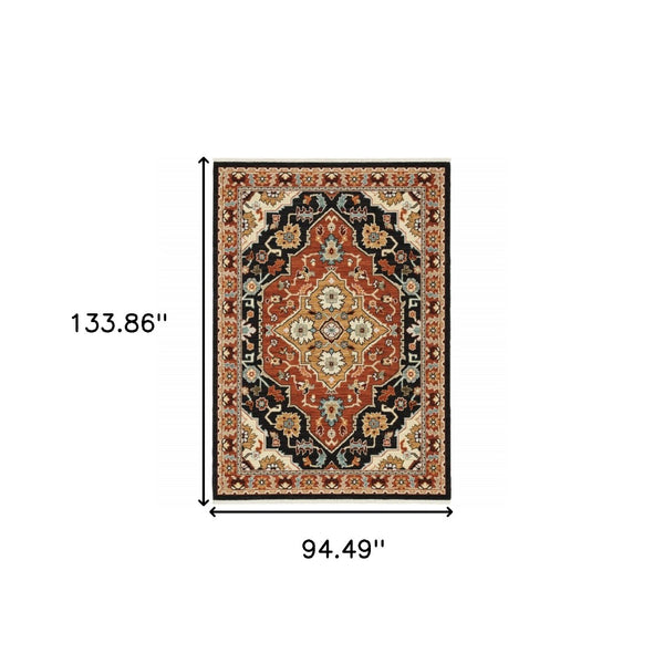 HomeRoots 2' Elegant Black and Orange Oriental Power Loom Runner Rug – Stain Resistant with Fringed Edges 8' X 11' 509231