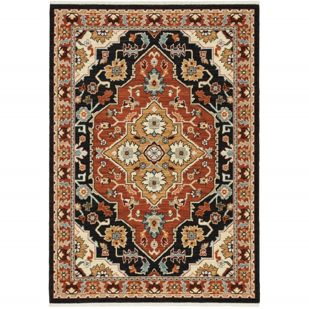 HomeRoots 2' Elegant Black and Orange Oriental Power Loom Runner Rug – Stain Resistant with Fringed Edges 10' X 13' 509232