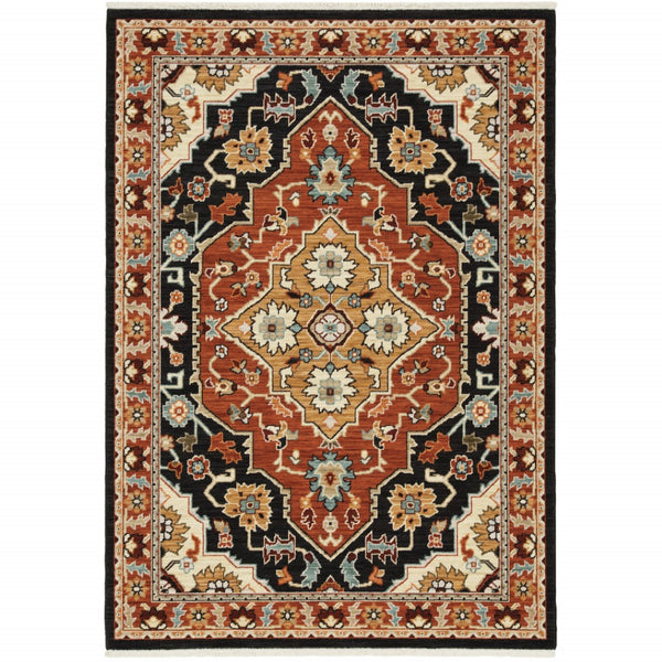 HomeRoots 2' Elegant Black and Orange Oriental Power Loom Runner Rug – Stain Resistant with Fringed Edges 10' X 13' 509232