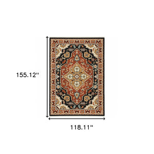 HomeRoots 2' Elegant Black and Orange Oriental Power Loom Runner Rug – Stain Resistant with Fringed Edges 10' X 13' 509232