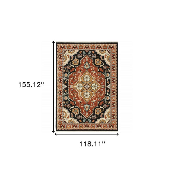HomeRoots 2' Elegant Black and Orange Oriental Power Loom Runner Rug – Stain Resistant with Fringed Edges 10' X 13' 509232
