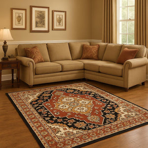 HomeRoots 2' Elegant Black and Orange Oriental Power Loom Runner Rug – Stain Resistant with Fringed Edges 10' X 13' 509232