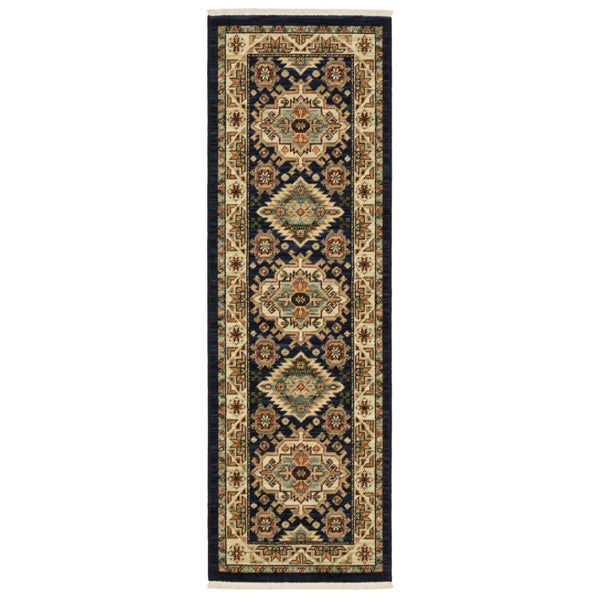 HomeRoots 6' Elegant Blue and Beige Oriental Power Loom Runner Rug for Timeless Style and Durability 2' x 6' 509234
