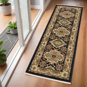HomeRoots 6' Elegant Blue and Beige Oriental Power Loom Runner Rug for Timeless Style and Durability 2' x 6' 509234