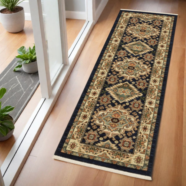 HomeRoots 6' Elegant Blue and Beige Oriental Power Loom Runner Rug for Timeless Style and Durability 2' x 6' 509234