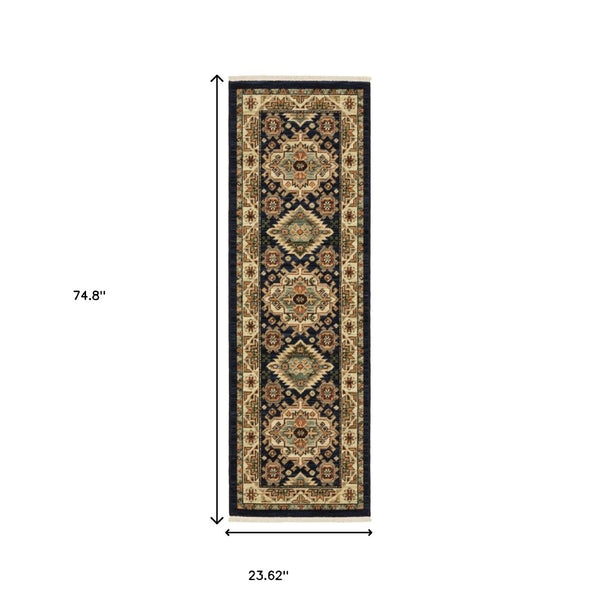 HomeRoots 6' Elegant Blue and Beige Oriental Power Loom Runner Rug for Timeless Style and Durability 2' x 6' 509234