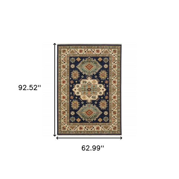 HomeRoots 6' Elegant Blue and Beige Oriental Power Loom Runner Rug for Timeless Style and Durability 5'3" x 7'6" 509236