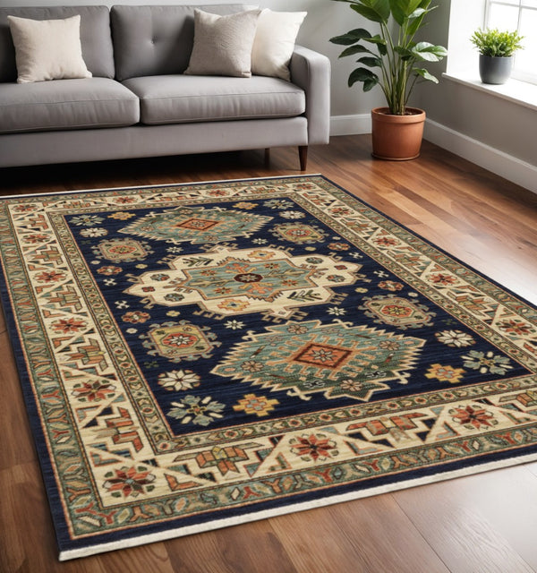 HomeRoots 6' Elegant Blue and Beige Oriental Power Loom Runner Rug for Timeless Style and Durability 5'3" x 7'6" 509236