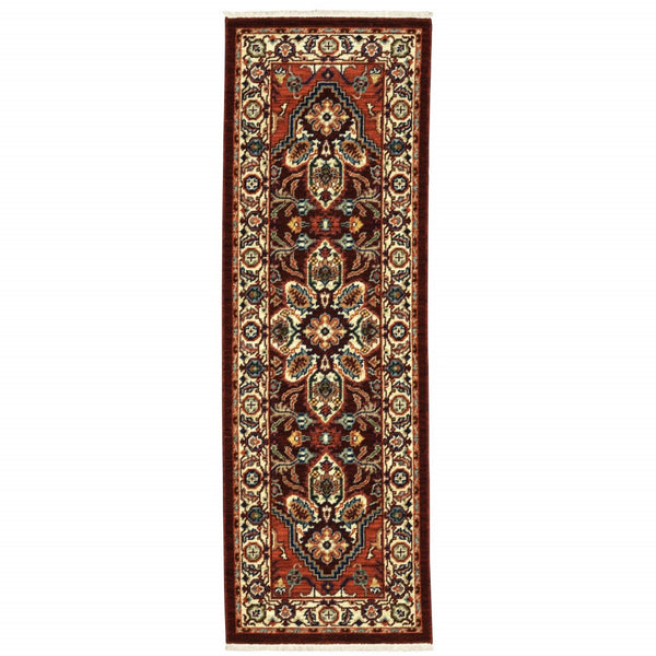 HomeRoots 2' Elegant Oriental Runner Rug in Vivid Red, Orange, Blue - Stain Resistant, Durable Design for Hallways 2' x 6' 509241