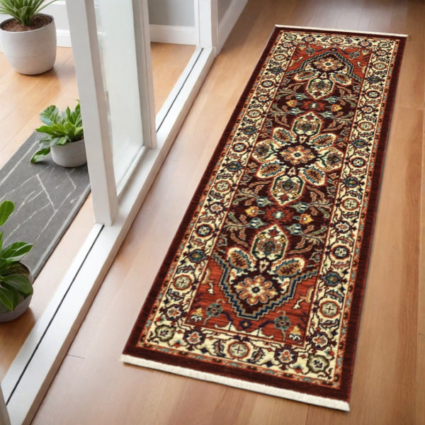 HomeRoots 2' Elegant Oriental Runner Rug in Vivid Red, Orange, Blue - Stain Resistant, Durable Design for Hallways 2' x 6' 509241