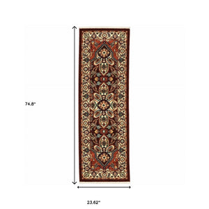 HomeRoots 2' Elegant Oriental Runner Rug in Vivid Red, Orange, Blue - Stain Resistant, Durable Design for Hallways 2' x 6' 509241