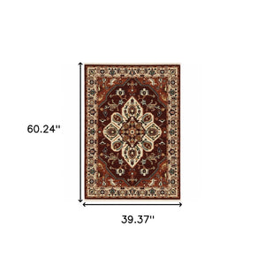 HomeRoots 2' Elegant Oriental Runner Rug in Vivid Red, Orange, Blue - Stain Resistant, Durable Design for Hallways 3' x 5' 509242