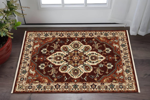 HomeRoots 2' Elegant Oriental Runner Rug in Vivid Red, Orange, Blue - Stain Resistant, Durable Design for Hallways 3' x 5' 509242