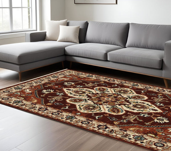 HomeRoots 2' Elegant Oriental Runner Rug in Vivid Red, Orange, Blue - Stain Resistant, Durable Design for Hallways 8' X 11' 509245