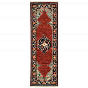 HomeRoots 6' Medallion Runner Rug in Red, Blue, and Black – Durable Wool-Nylon Blend for Timeless Style 2' x 6' 509248