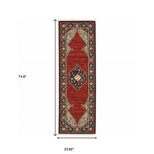 HomeRoots 6' Medallion Runner Rug in Red, Blue, and Black – Durable Wool-Nylon Blend for Timeless Style 2' x 6' 509248