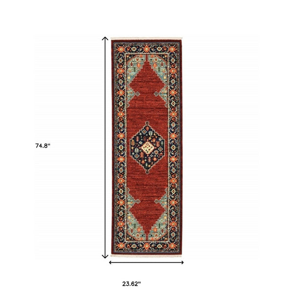 HomeRoots 6' Medallion Runner Rug in Red, Blue, and Black – Durable Wool-Nylon Blend for Timeless Style 2' x 6' 509248