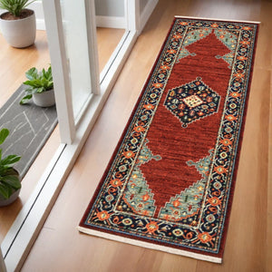 HomeRoots 6' Medallion Runner Rug in Red, Blue, and Black – Durable Wool-Nylon Blend for Timeless Style 2' x 6' 509248