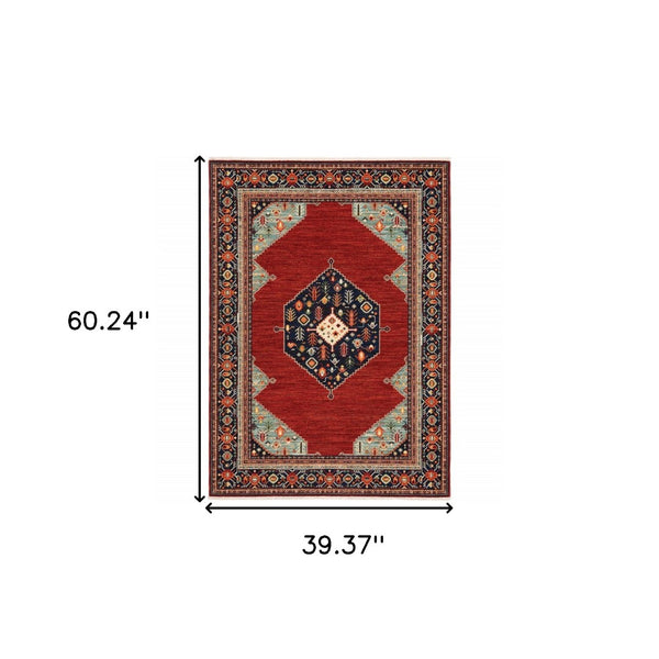 HomeRoots 6' Medallion Runner Rug in Red, Blue, and Black – Durable Wool-Nylon Blend for Timeless Style 3' X 5' 509249