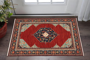 HomeRoots 6' Medallion Runner Rug in Red, Blue, and Black – Durable Wool-Nylon Blend for Timeless Style 3' X 5' 509249