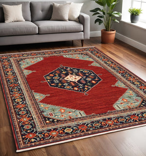 HomeRoots 6' Medallion Runner Rug in Red, Blue, and Black – Durable Wool-Nylon Blend for Timeless Style 5' X 8' 509250