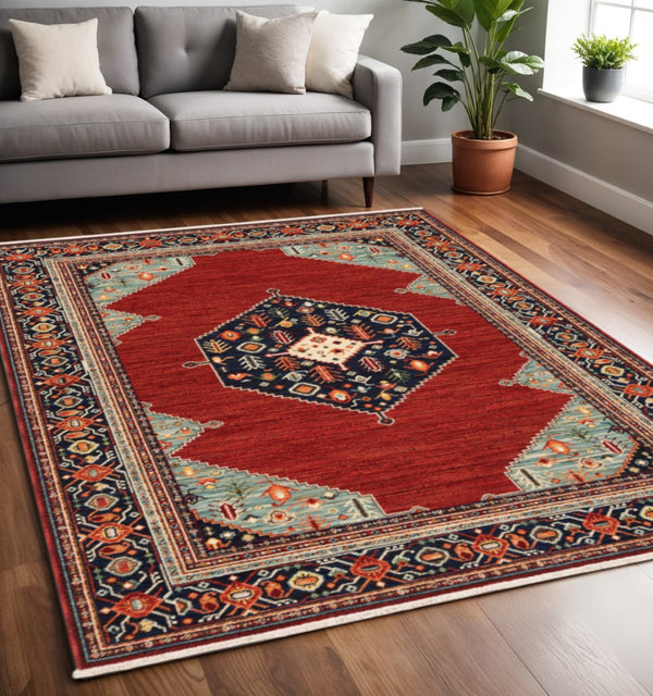 HomeRoots 6' Medallion Runner Rug in Red, Blue, and Black – Durable Wool-Nylon Blend for Timeless Style 5' X 8' 509250