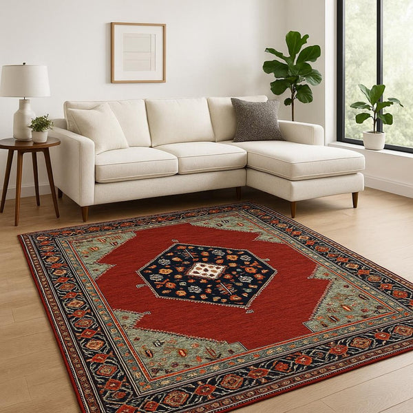 HomeRoots 6' Medallion Runner Rug in Red, Blue, and Black – Durable Wool-Nylon Blend for Timeless Style 7' X 10' 509251