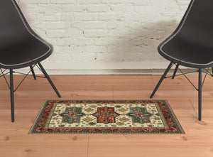 Homeroots 2' X 3' Brick Red Orange Rust Beige Gold Pale Blue Olive Navy And Black Oriental Power Loom Stain Resistant Area Rug With Fringe  Genuine Wool 509261