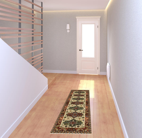 Homeroots 6' Red Blue And White Oriental Power Loom Runner Rug  Genuine Wool 509262