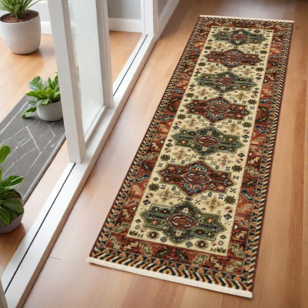 HomeRoots 6' Timeless Oriental Power Loom Runner Rug in Rich Red, Blue, and Ivory - Durable and Stylish Design 2' x 6' 509262
