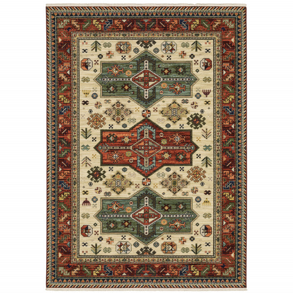 Homeroots 3' X 5' Brick Red Orange Rust Beige Gold Pale Blue Olive Navy And Black Oriental Power Loom Stain Resistant Area Rug With Fringe  Genuine Wool 509263