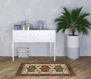 Homeroots 3' X 5' Brick Red Orange Rust Beige Gold Pale Blue Olive Navy And Black Oriental Power Loom Stain Resistant Area Rug With Fringe  Genuine Wool 509263