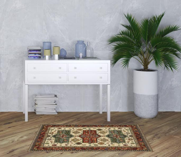 Homeroots 3' X 5' Brick Red Orange Rust Beige Gold Pale Blue Olive Navy And Black Oriental Power Loom Stain Resistant Area Rug With Fringe  Genuine Wool 509263