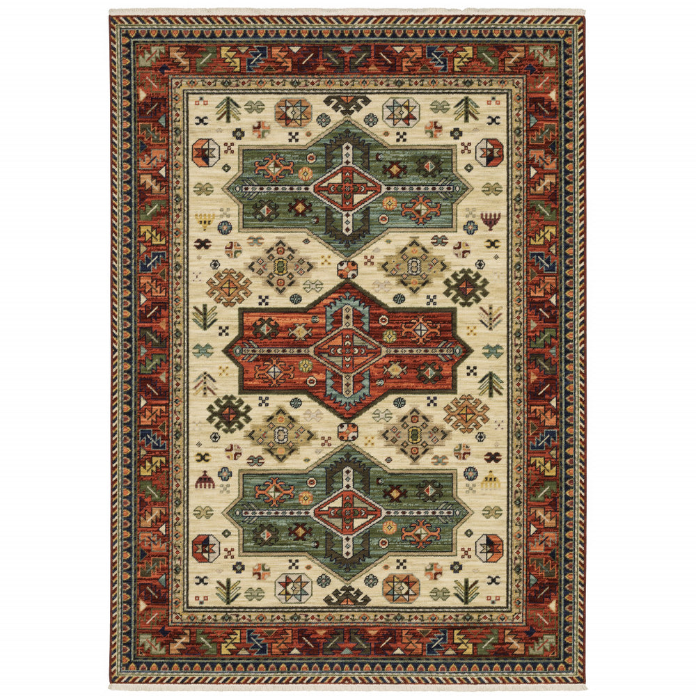Homeroots 6' X 9' Brick Red Orange Rust Beige Gold Pale Blue Olive Navy And Black Oriental Power Loom Stain Resistant Area Rug With Fringe  Genuine Wool 509265