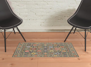 Homeroots 2' X 3' Blue And Gray Oriental Power Loom Area Rug Grey,Multi Genuine Wool 509275
