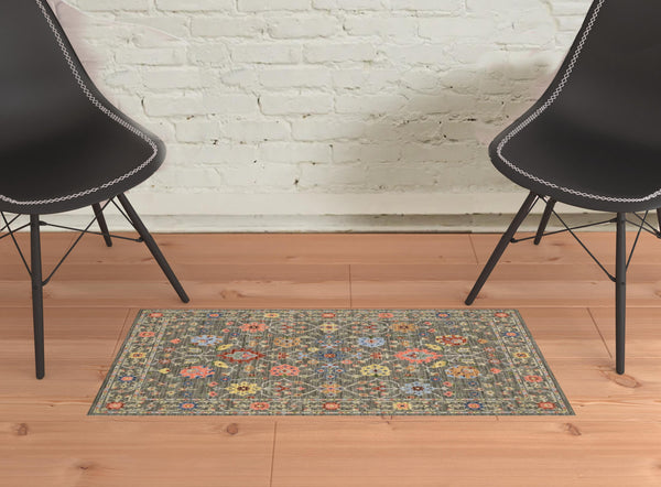 Homeroots 2' X 3' Blue And Gray Oriental Power Loom Area Rug Grey,Multi Genuine Wool 509275