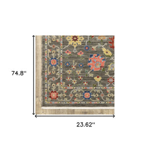 Homeroots 2' X 6' Grey Salmon Pink Gold Blue Rust Deep Blue Ivory And Green Oriental Power Loom Stain Resistant Runner Rug With Fringe Grey,Multi Genuine Wool 509276