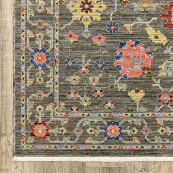 Homeroots 2' X 6' Grey Salmon Pink Gold Blue Rust Deep Blue Ivory And Green Oriental Power Loom Stain Resistant Runner Rug With Fringe Grey,Multi Genuine Wool 509276