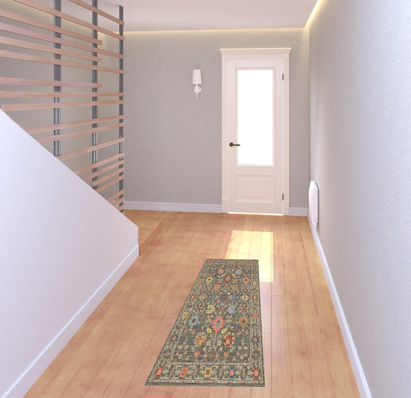 Homeroots 2' X 6' Grey Salmon Pink Gold Blue Rust Deep Blue Ivory And Green Oriental Power Loom Stain Resistant Runner Rug With Fringe Grey,Multi Genuine Wool 509276