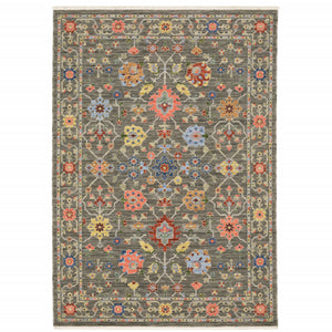 Homeroots 3' X 5' Grey Salmon Pink Gold Blue Rust Deep Blue Ivory And Green Oriental Power Loom Stain Resistant Area Rug With Fringe Grey,Multi Genuine Wool 509277