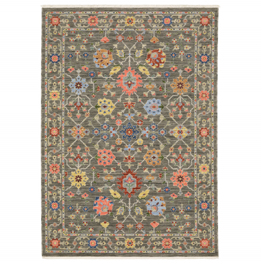 Homeroots 6' X 9' Grey Salmon Pink Gold Blue Rust Deep Blue Ivory And Green Oriental Power Loom Stain Resistant Area Rug With Fringe Grey,Multi Genuine Wool 509279