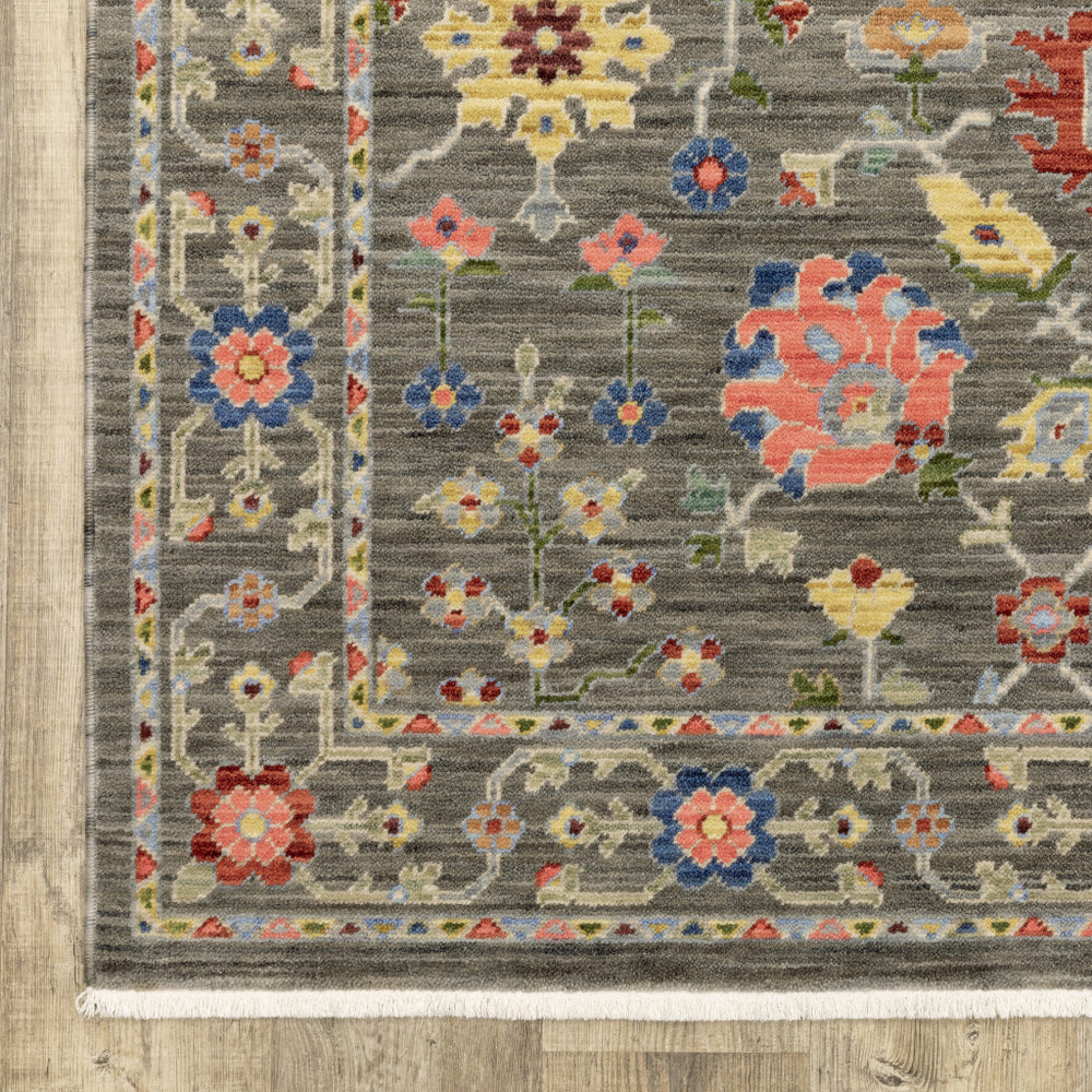 Homeroots 6' X 9' Grey Salmon Pink Gold Blue Rust Deep Blue Ivory And Green Oriental Power Loom Stain Resistant Area Rug With Fringe Grey,Multi Genuine Wool 509279