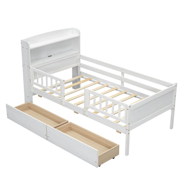 English Elm Wood Twin Size Platform Bed with Built-in LED Light, Multifunctional Headboard, Guardrail & Storage Drawers White N709P243969K