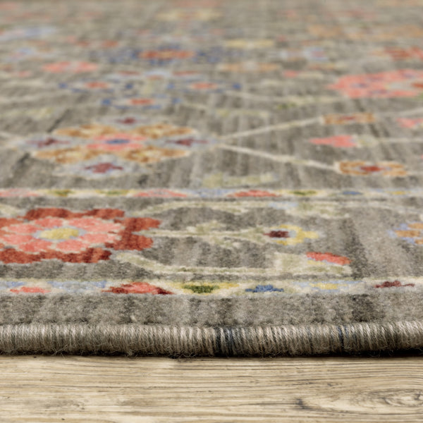 Homeroots 10' X 13' Grey Salmon Pink Gold Blue Rust Deep Blue Ivory And Green Oriental Power Loom Stain Resistant Area Rug With Fringe Grey,Multi Genuine Wool 509281